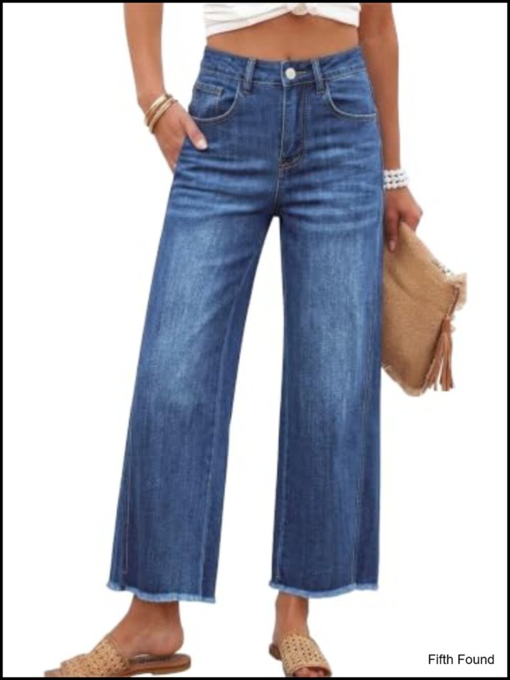 High Waisted Baggy Straight Leg Cropped Jeans with Raw Hem Wide Leg